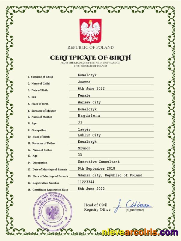 Poland vital record birth certificate